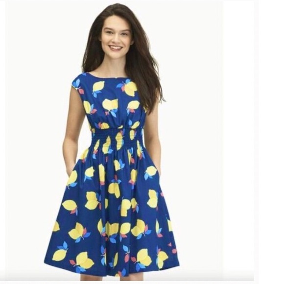 Kate Spade New York Lemon Print Dress Navy Blue Yellow Size 14 Women's - Picture 1 of 6